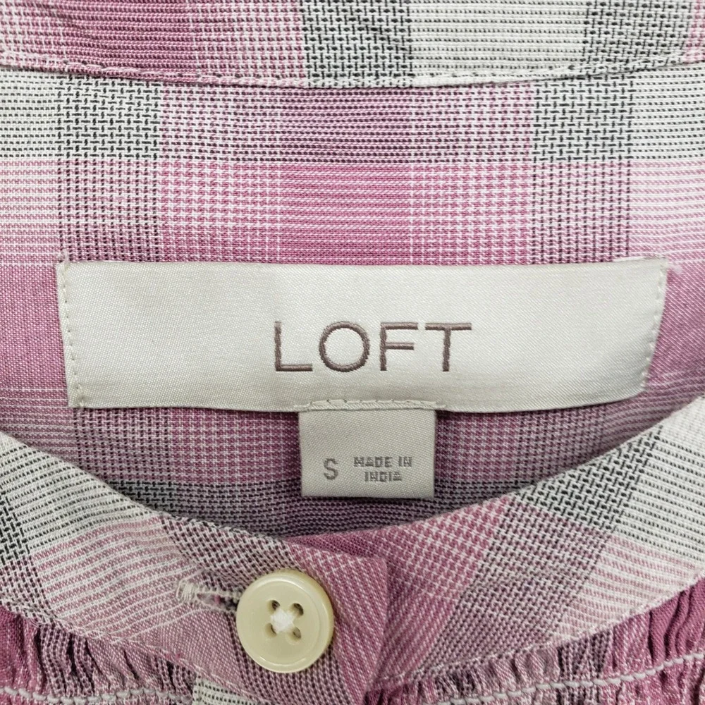 LOFT Plaid Smocked Button Down Shirt Womens Small Pink Long Sleeve Puff Shoulder